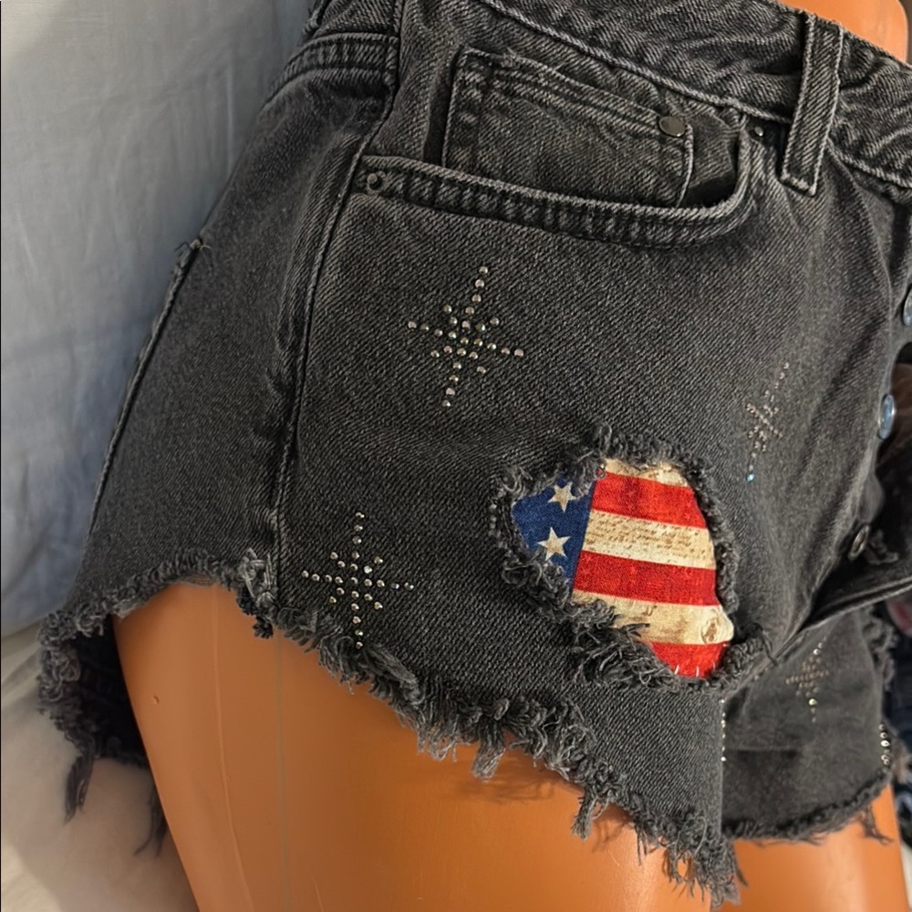 Distressed Black Denim HIGH WAIST Shorts with USA AMERICAN Flag Accents